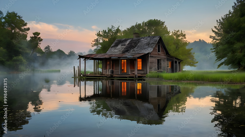Obraz premium At the center of a tranquil pond, an old, weathered house stands isolated on a small island