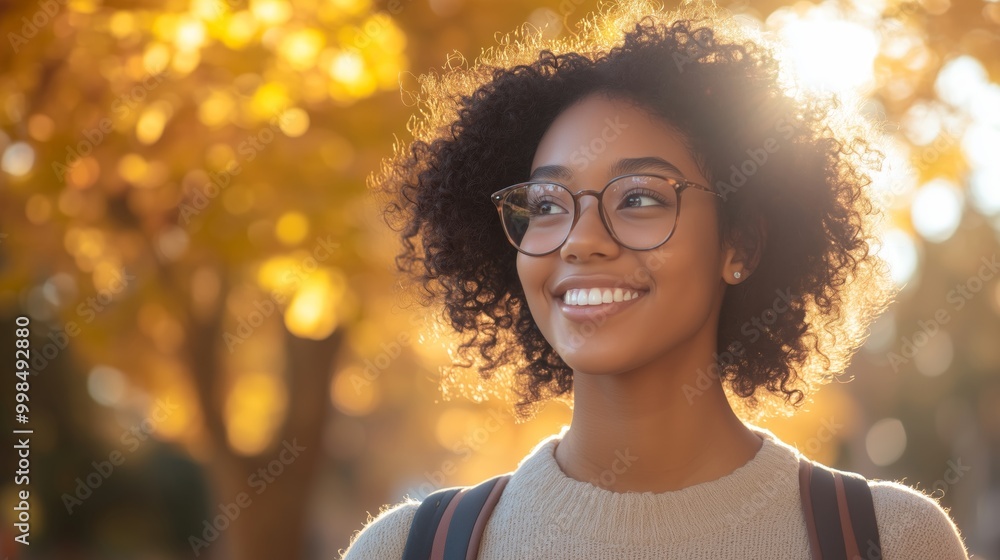A smiling black female student with curly hair and glasses, wearing casual and carrying her backpack walks through the campus on an autumn day A smiling black female student with curly hair and glasses, wearing casual and carrying her backpack walks through the campus on an autumn day