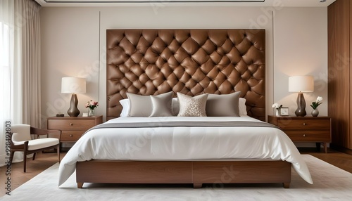 A luxurious bedroom with a large tufted headboard, wooden furniture, and modern abstract artwork on the wall.