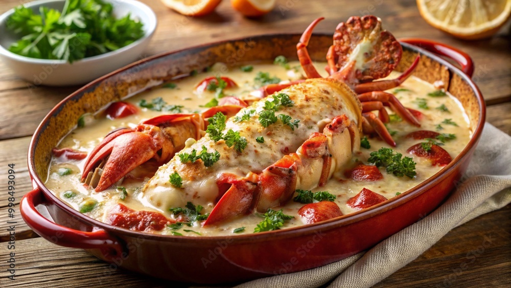 A classic French dish featuring lobster baked in a creamy sauce. A classic French dish featuring lobster baked in a creamy sauce.