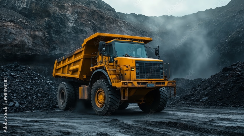 A yellow dump truck in an open pit mine, loading coal into its bed A yellow dump truck in an open pit mine, loading coal into its bed