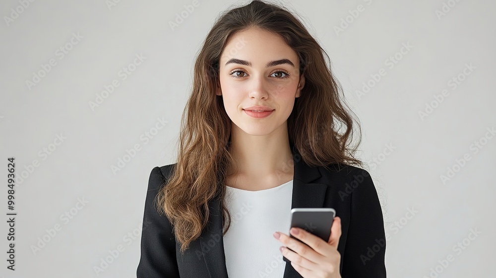 Focused businesswoman demonstrating how to use a mobile phone application by pointing at the screen, with a simple white background Focused businesswoman demonstrating how to use a mobile phone application by pointing at the screen, with a simple white background