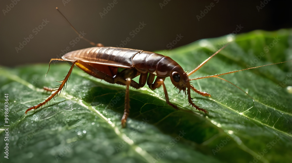 Naklejka premium A German Cockroach (Blattella germanica) walking along the surface of a green leaf.