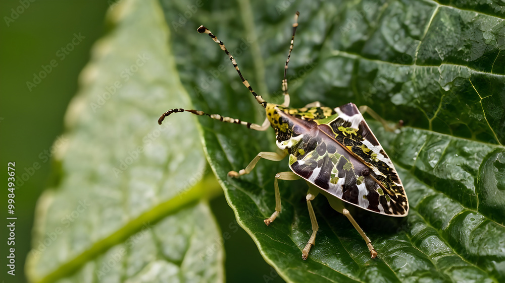 A Marmorated Stink Bug (Halyomorpha halys) perched on a vibrant green leaf A Marmorated Stink Bug (Halyomorpha halys) perched on a vibrant green leaf