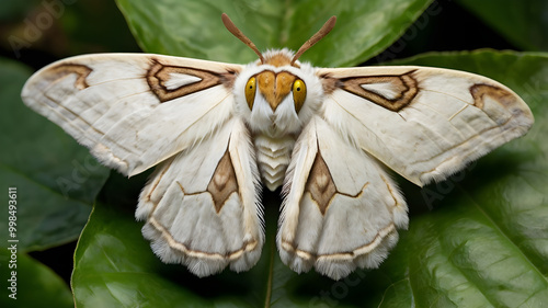 A Domestic Silk Moth (Bombyx mori) resting on a vibrant green leaf