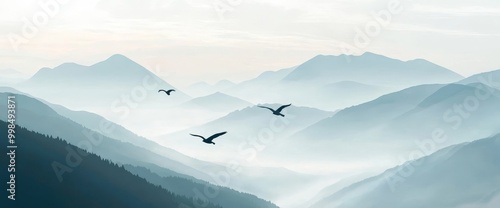 Ink style wallpaper, decor, print, interior design banner with mountains and hills in a blue color scheme.