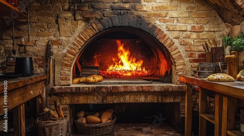 A brick oven with flames, capturing the art of traditional cooking in a rustic kitchen setting.