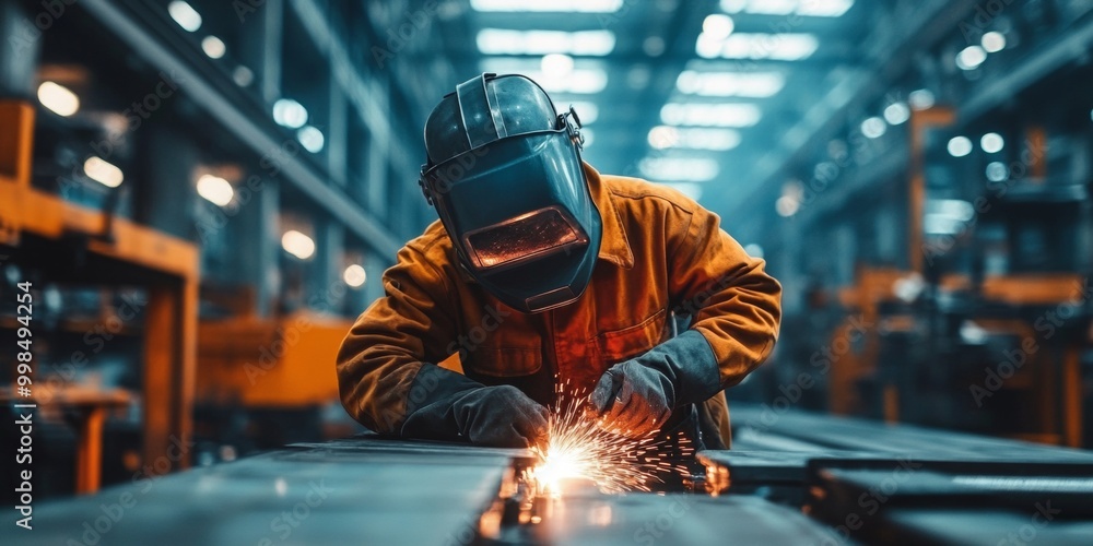 Welder at Work, A skilled welder fine-tuning their mask next to a metal structure, warm overhead lighting, factory equipment softly blurred in the background Welder at Work, A skilled welder fine-tuning their mask next to a metal structure, warm overhead lighting, factory equipment softly blurred in the background