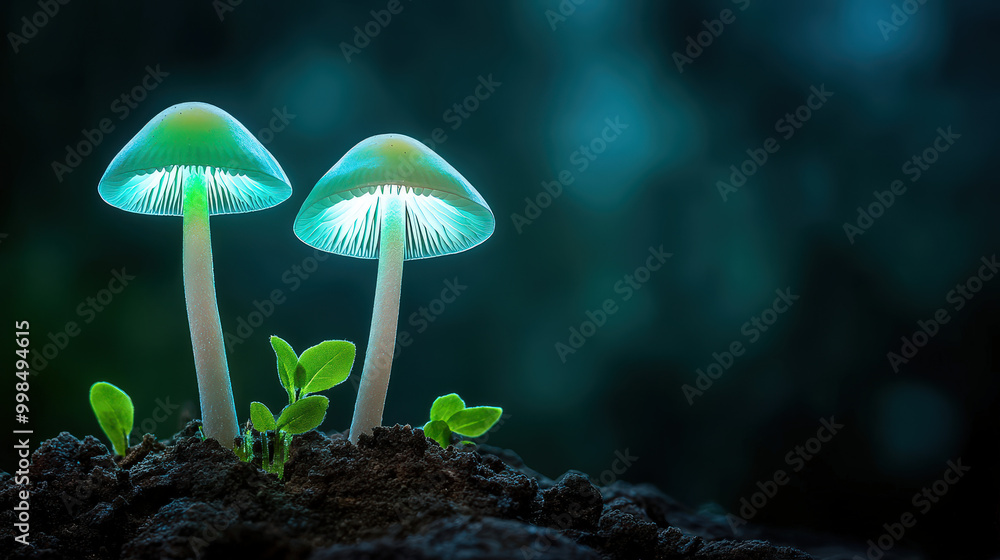 Macro shot of glowing mushrooms emitting neon light in a dark cave Macro shot of glowing mushrooms emitting neon light in a dark cave