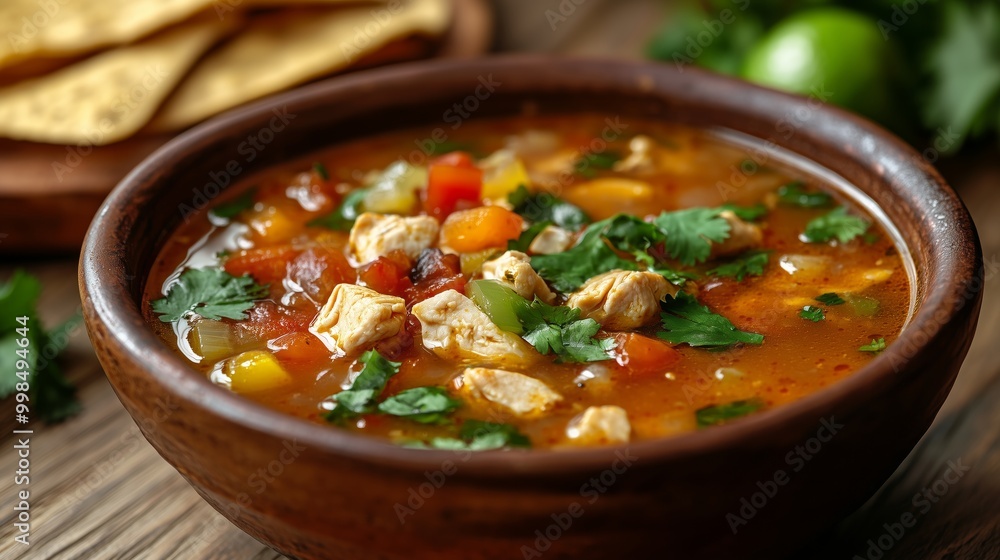 Scrawler, the traditional Mexican soup with chicken and vegetables in an earthenware bowl on a wooden table Scrawler, the traditional Mexican soup with chicken and vegetables in an earthenware bowl on a wooden table