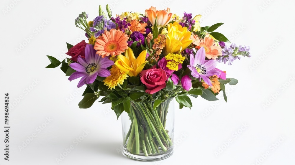 A bright bouquet of mixed flowers in a glass vase, bringing color and freshness to any room