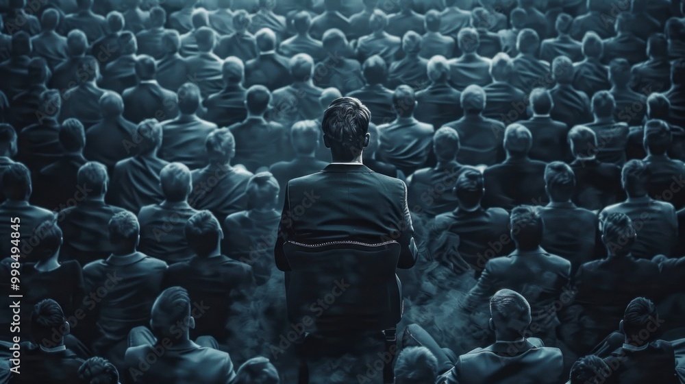 Obraz premium A man is sitting in a chair in front of a crowd of people