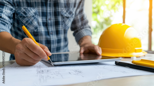 Structural engineer evaluating a bridge design on a tablet