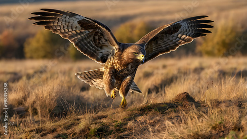  a common buzzard just moments before taking off from the ground.