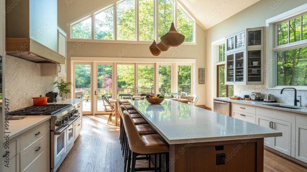 A bright, modern kitchen with natural light pouring in, showcasing culinary creativity and design. A bright, modern kitchen with natural light pouring in, showcasing culinary creativity and design.