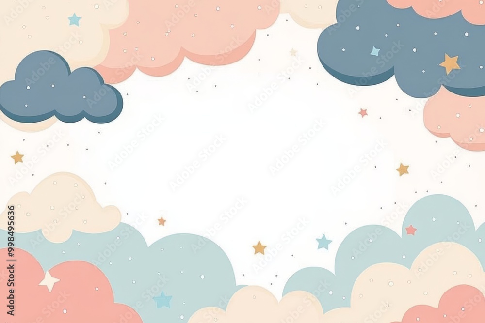 Aerial white clouds, stars and dots on a blue background make up the modern hand drawn childish 3d wallpaper with clouds. Aerial white clouds, stars and dots on a blue background make up the modern hand drawn childish 3d wallpaper with clouds.