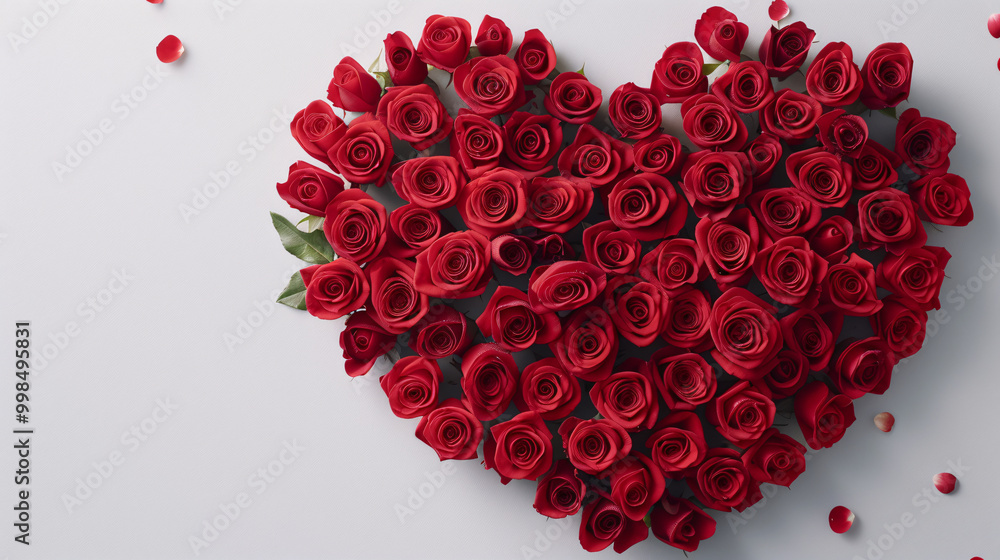 A heart shape made of red roses on a white background. A romantic and classic symbol of love. A heart shape made of red roses on a white background. A romantic and classic symbol of love.