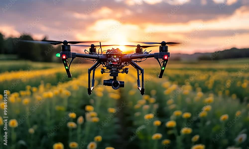 A drone flying over a field at sunset, capturing aerial views. A drone flying over a field at sunset, capturing aerial views.