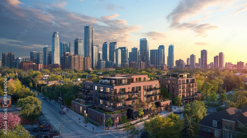 Obraz premium A captivating skyline with a mix of residential and commercial buildings, highlighting urban living.