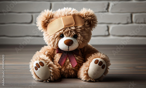 Teddybär mit Pflaster am Kopf nach einem Unfall, copy space