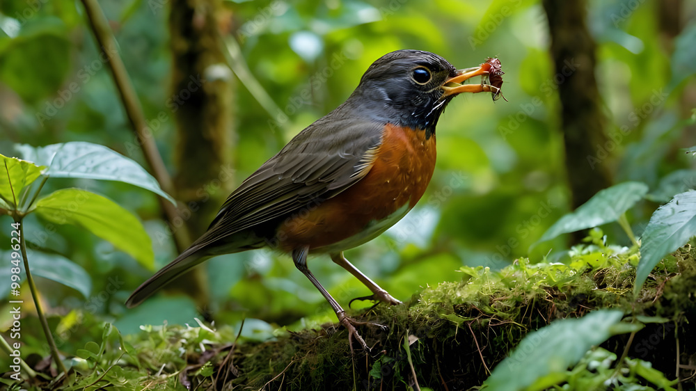 In the dense, vibrant jungle, an American Robin hops eagerly, a worm firmly grasped in its beak In the dense, vibrant jungle, an American Robin hops eagerly, a worm firmly grasped in its beak