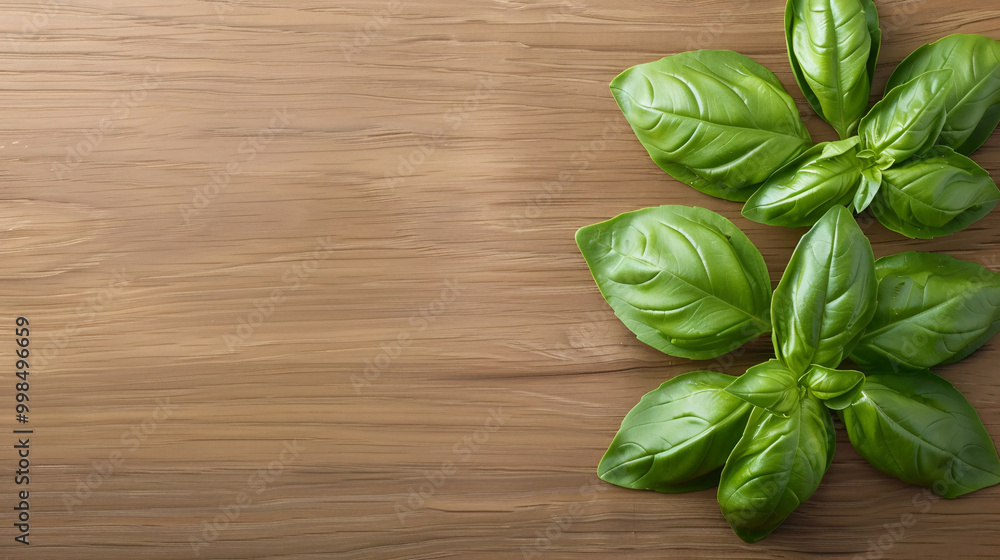 Fresh green basil leaves arranged on a wooden surface, leaving space for text or product placement. Fresh green basil leaves arranged on a wooden surface, leaving space for text or product placement.