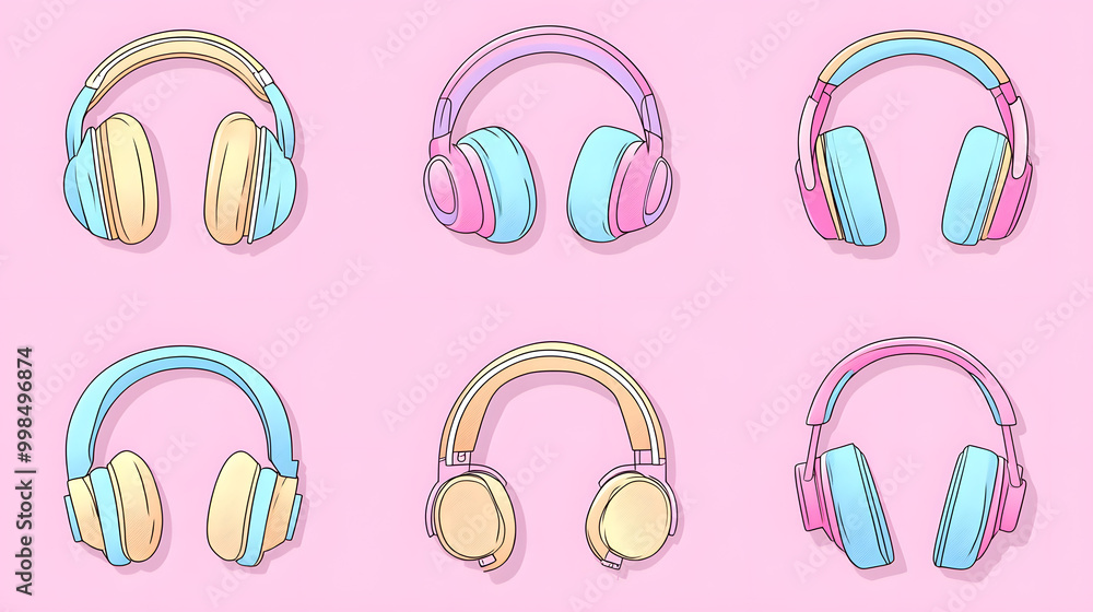 Simple pastel headphones set of icons with soft lines and pastel colors isolated on a light background Simple pastel headphones set of icons with soft lines and pastel colors isolated on a light background