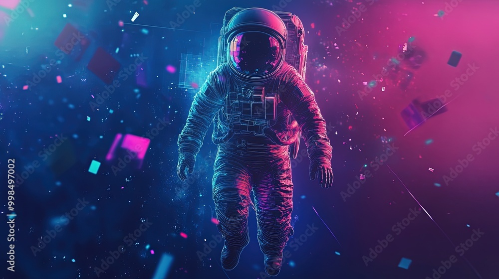 Futuristic astronaut in neon space suit exploring vibrant cosmic scene. Futuristic astronaut in neon space suit exploring vibrant cosmic scene.