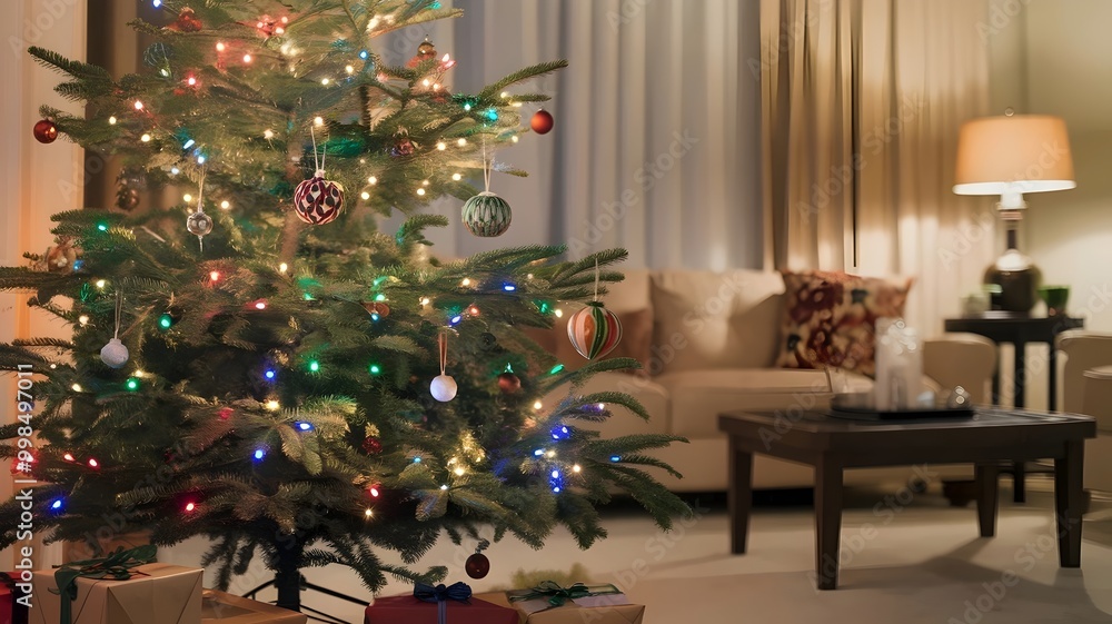 Christmas Tree with Multicolored Lights and Presents in Cozy Room Christmas Tree with Multicolored Lights and Presents in Cozy Room