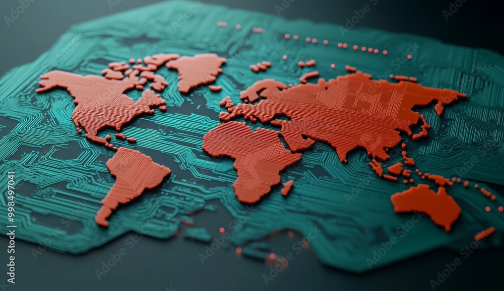 World map made of circuit board with cities and futuristic technology buildings World map made of circuit board with cities and futuristic technology buildings