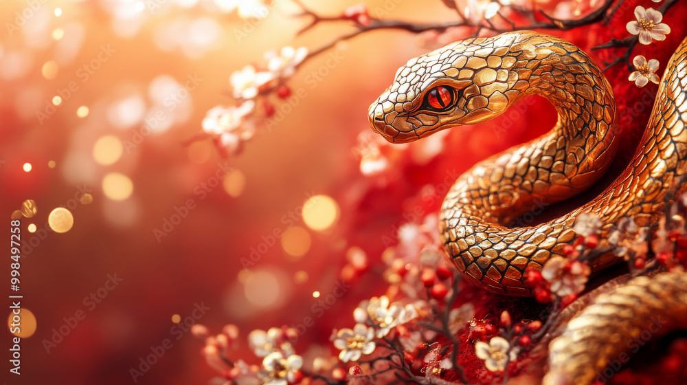 Fototapeta premium A gold colored snake is curled up on a red background with flowers