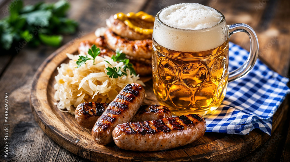 Oktoberfest celebration with beer and bratwurst sausages on wooden table Oktoberfest celebration with beer and bratwurst sausages on wooden table