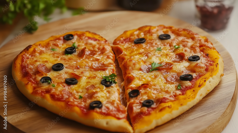 Delicious Heart-Shaped Cheese Pizza Served on a Rustic Wooden Tray, Perfectly Baked with Golden Crust and Melted Cheese for a Romantic Meal Delicious Heart-Shaped Cheese Pizza Served on a Rustic Wooden Tray, Perfectly Baked with Golden Crust and Melted Cheese for a Romantic Meal