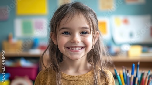 Smiling Child in Classroom with Art Supplies