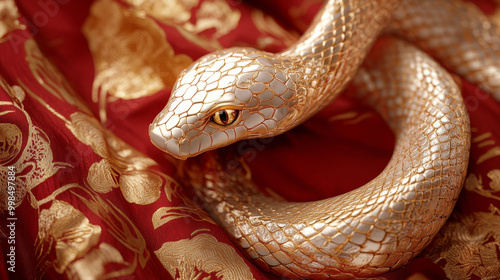 A gold colored snake is laying on a red cloth photo