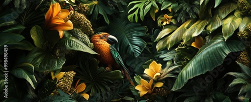 Tropical nature wallpaper jungle flower leaf exotic bird palm. Stock photo.