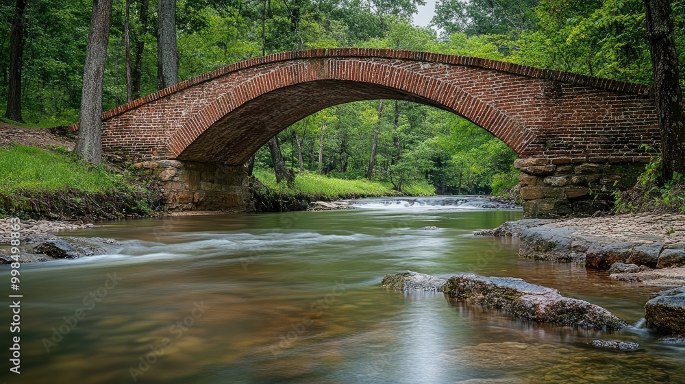 Fototapeta premium A historic brick bridge arching over a serene river, blending nature and engineering in a picturesque setting.