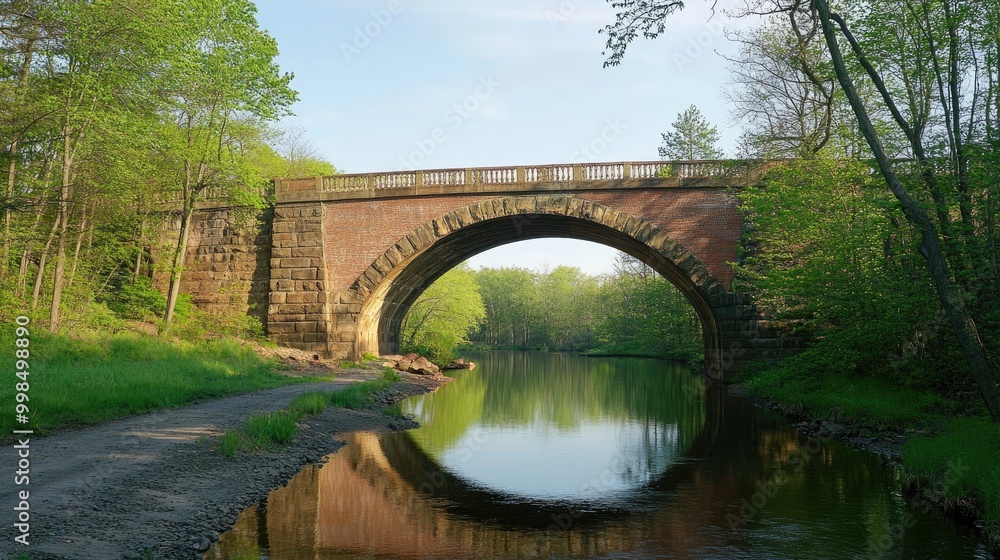 Fototapeta premium A historic brick bridge arching over a serene river, blending nature and engineering in a picturesque setting.