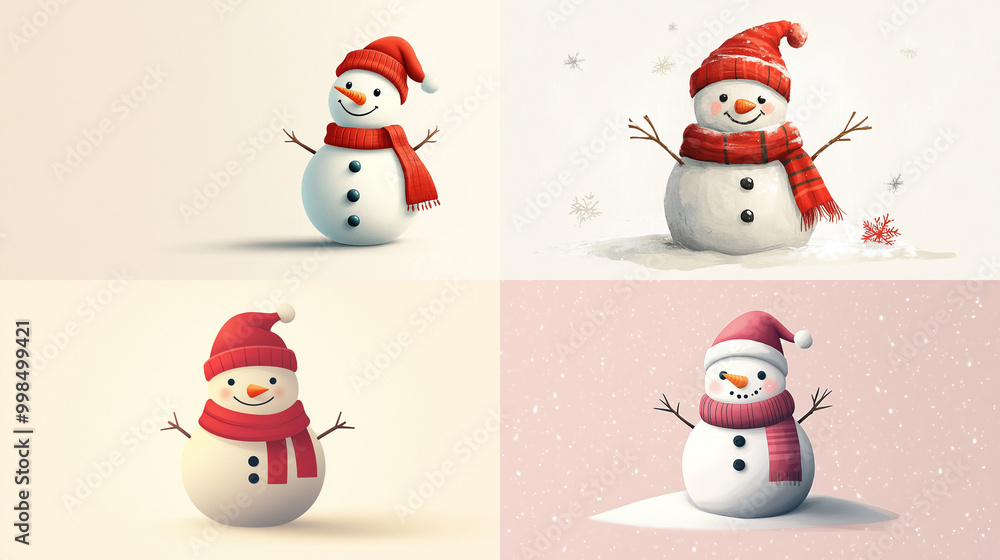 A snowman with a red hat and scarf is shown in four different colors A snowman with a red hat and scarf is shown in four different colors