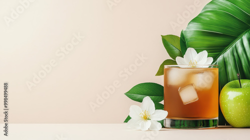 Refreshing apple mocktail with white cosmos flowers photo