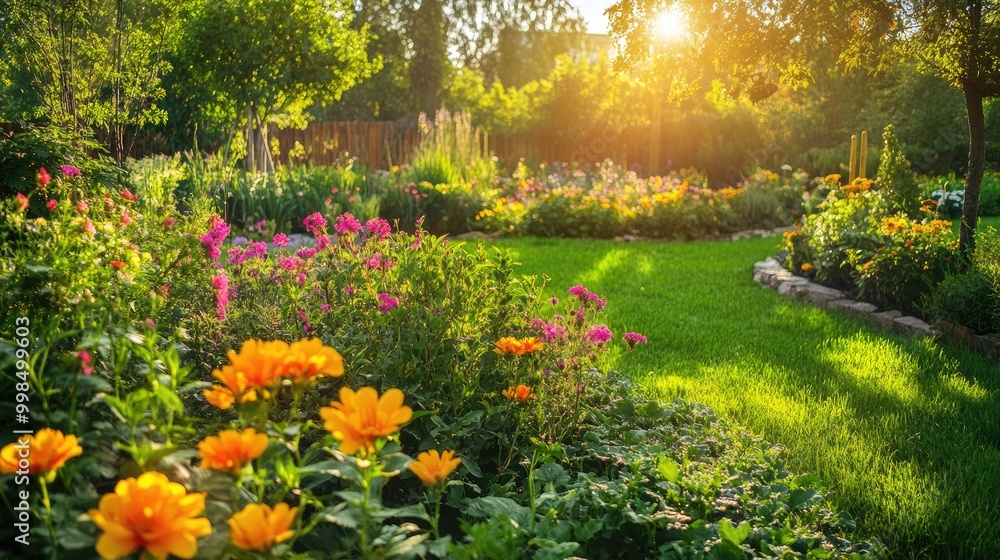 Obraz premium A picturesque garden filled with bright, blooming flowers and lush greenery under the afternoon sun.