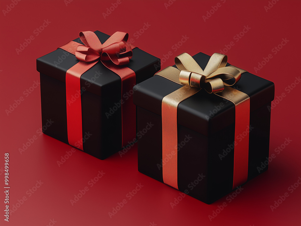 Obraz premium Two black boxes with red bows on them 
