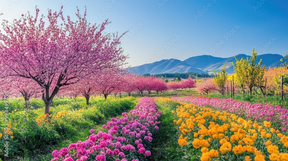 A picturesque organic orchard in full bloom with colorful flowers and fruit trees under a clear sky. A picturesque organic orchard in full bloom with colorful flowers and fruit trees under a clear sky.