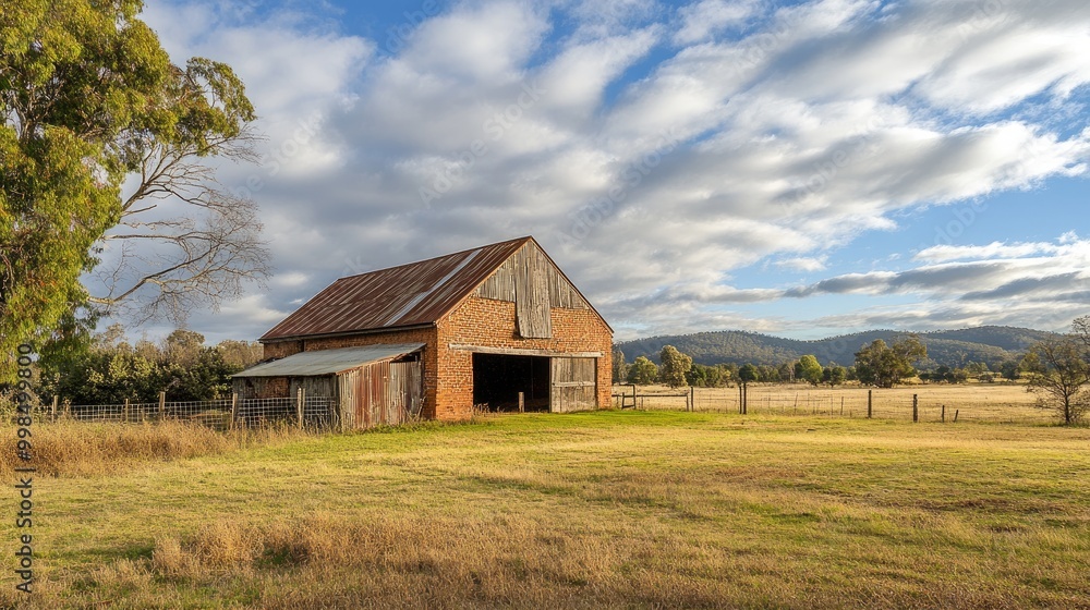 A rustic brick barn in a rural landscape, embodying the charm of country living and agricultural heritage. A rustic brick barn in a rural landscape, embodying the charm of country living and agricultural heritage.