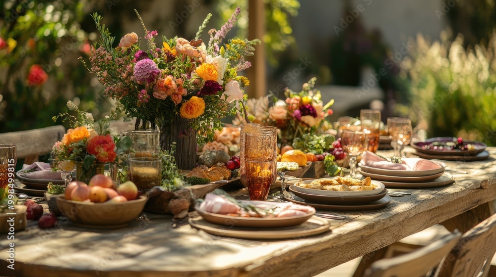 A rustic table set for an outdoor organic feast, featuring fresh dishes and vibrant floral centerpieces. A rustic table set for an outdoor organic feast, featuring fresh dishes and vibrant floral centerpieces.