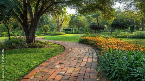 A rustic brick pathway in a charming park, guiding visitors through a picturesque landscape. -