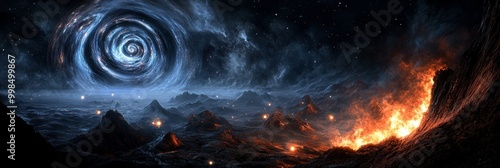 Abstract space vortex black hole. Alien lights swirling throughout. Glowing orbs and infinity symbols projected onto a planet's surface.