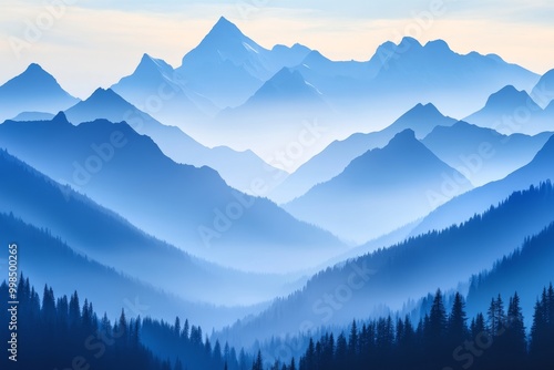 The blue mountains are depicted in shades of blue on a wallpaper. Mountain peaks are surrounded by a cloudy fog.