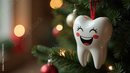 White smiling tooth hanging on Christmas tree on a festive background. Free space for text. Christmas medical background, card, banner. dental new year concept photo