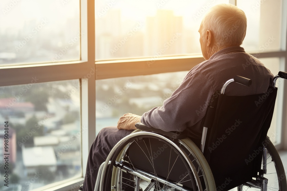 Senior in wheelchair in nursing home, looking out the window. Generation AI. Senior in wheelchair in nursing home, looking out the window. Generation AI.
